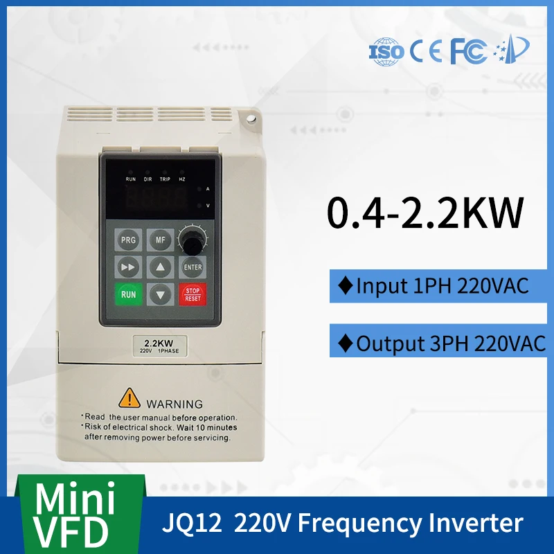 

JQ12 Frequency Inverter Converter Motor Speed Controller 0.4/0.75/1.5/2.2KW 1phase Input and 3phase 220v Output 50Hz 60Hz VFD