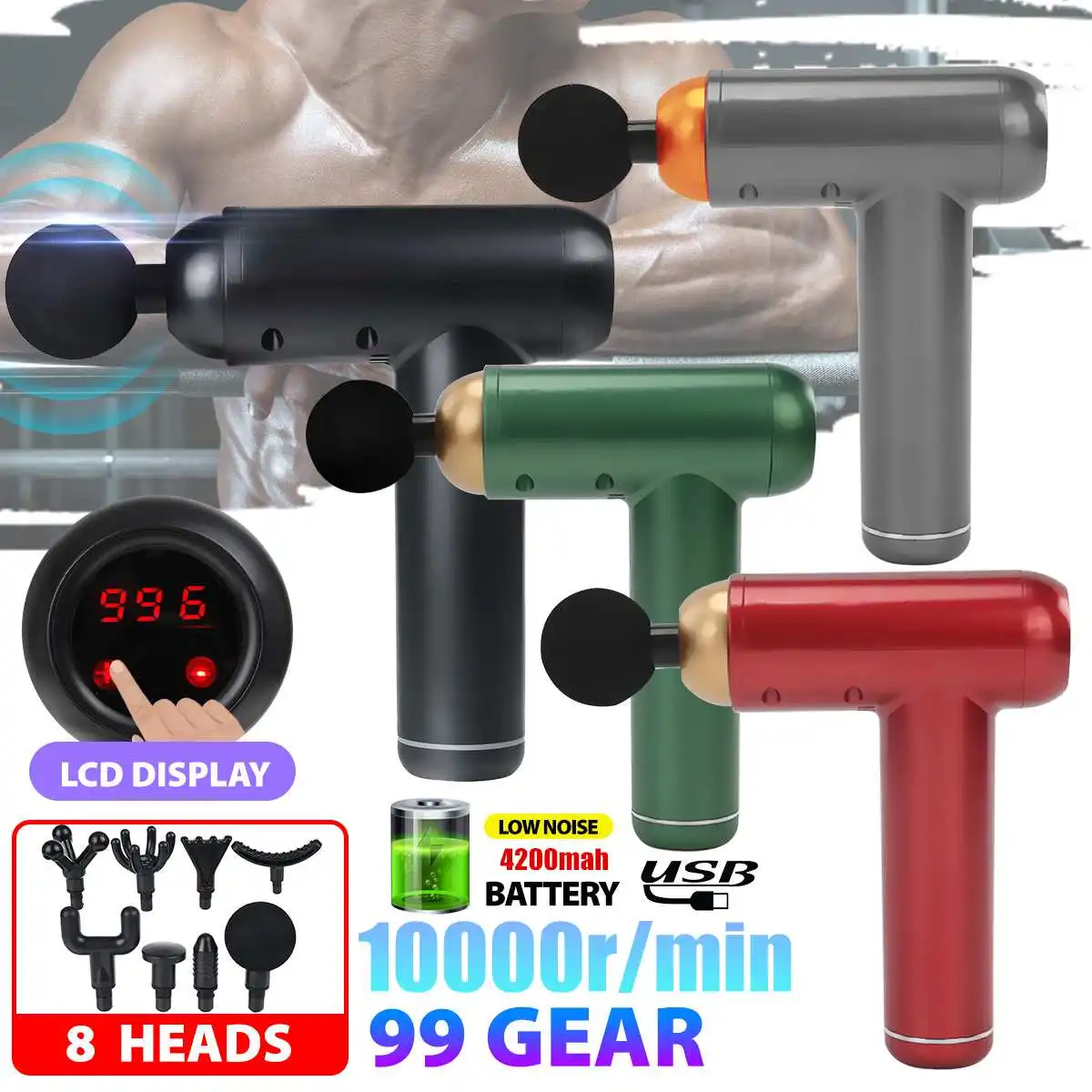 10000r/min Therapy Massage Gun 99 Gears Muscle Massager Pain Sport Massage Machine Relax Body Slimming Relief With 8 Heads
10000r/min Therapy Massage Gun 99 Gears Muscle Massager Pain Sport Massage Machine Relax Body Slimming Relief With 8 Heads