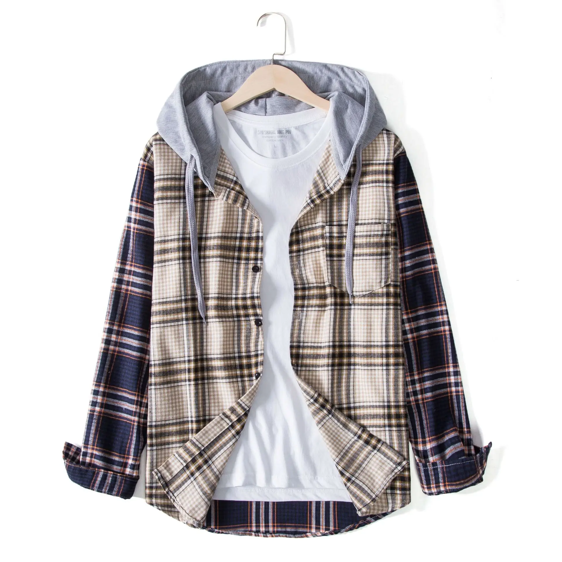 

LUCLEASM 2021 Men Casual Splicing Checked Hooded Cardigan Long Sleeve Plaid Hooded Shirt moletom masculino sudaderas con capucha