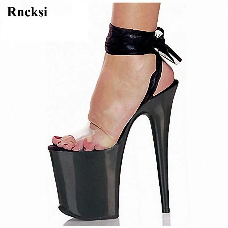 

Rncksi 20cm sexy high heel platforms sandals ribbons open toe temptation to shoes 8 inch strappy clear dance shoes black Shoes