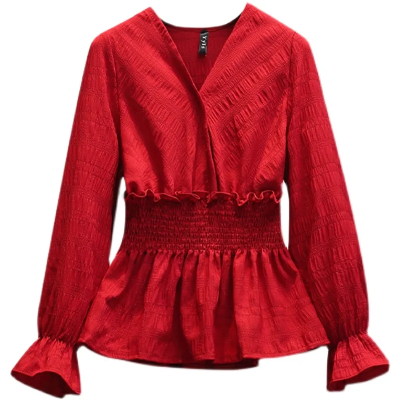 Autumn Red Plus Size Women's Blouse Fashion Elastic Waist Chiffon Shirt V-neck Ruffles Top Elegant Lady Pullover
Autumn Red Plus Size Women's Blouse Fashion Elastic Waist Chiffon Shirt V-neck Ruffles Top Elegant Lady Pullover