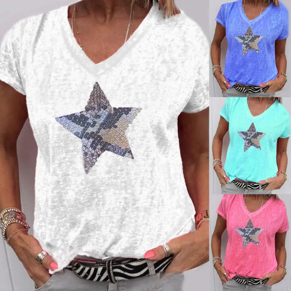2021Summer Fashion Women Stylish T-shirt V Neck Short Sleeve Sequins Star Loose T Shirt Women Pentagram Print Tops Plus Size 5xl 
2021Summer Fashion Women Stylish T-shirt V Neck Short Sleeve Sequins Star Loose T Shirt Women Pentagram Print Tops Plus Size 5xl