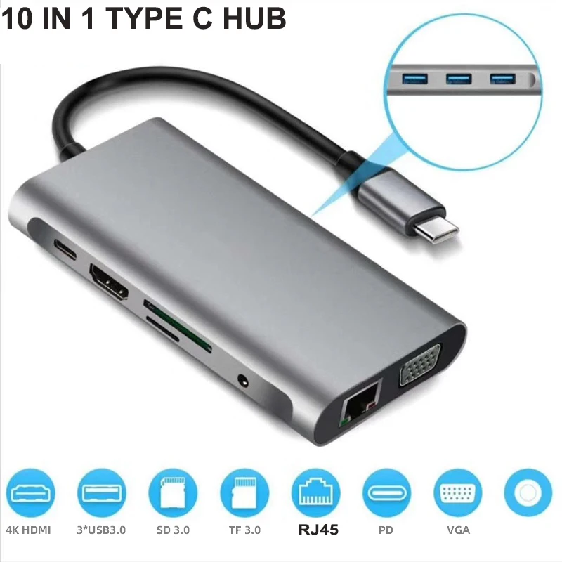 

Usb-хаб 10 в 1 Тип c концентратор с PD 100 Вт Высокая скорость подачи питания быстрая зарядка и RJ45 HDMI USB3.0 SD устройство для считывания с tf-карт порты