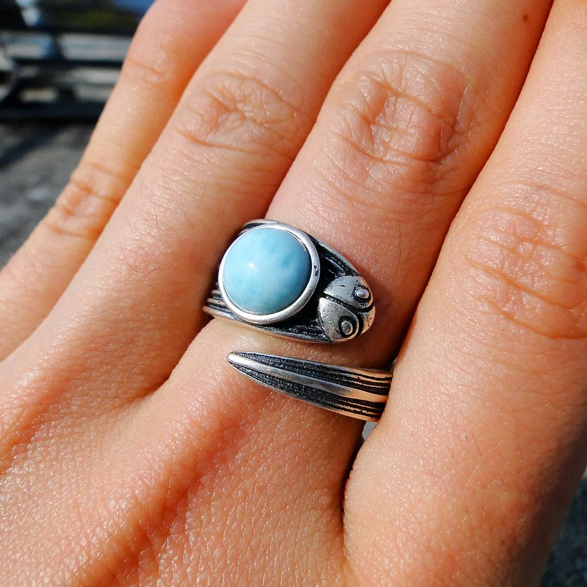 

High Quality Charms Antique Design 925 Sterling Silver Adjustable Insect Ring Jewelry Natural Larimar Rings