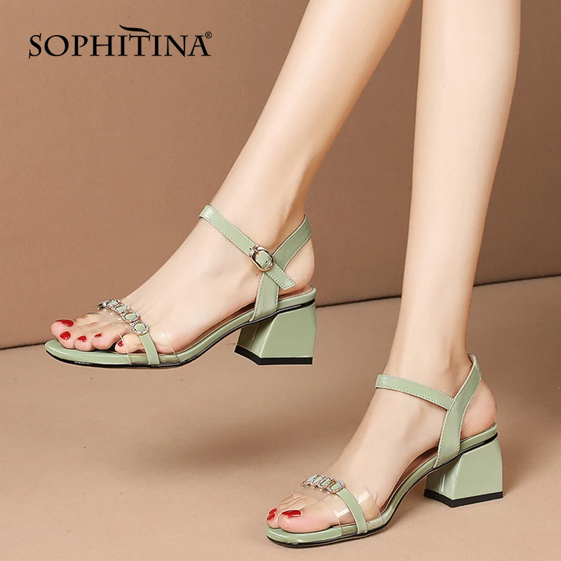 SOPHITINA Casual Women Sandals Summer PVC Rhinestone Leather Sandals Thick Heel Buckle Strap Light Green Sweet Lady Shoes DO488 
SOPHITINA Casual Women Sandals Summer PVC Rhinestone Leather Sandals Thick Heel Buckle Strap Light Green Sweet Lady Shoes DO488
