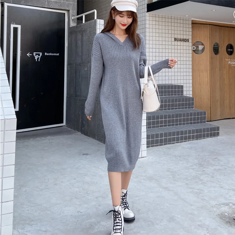 Autumn V-neck Hooded Straight Mid-calf Sweater Dress Women Over Knee Loose Cusaul Knit Full Sleeve Pullover Bottomed Shirt Mujer
Autumn V-neck Hooded Straight Mid-calf Sweater Dress Women Over Knee Loose Cusaul Knit Full Sleeve Pullover Bottomed Shirt Mujer