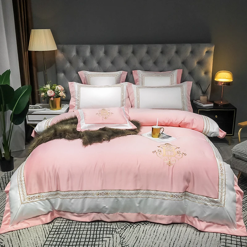 Pink egyptian cotton gold embroidery Bedding Set Bed cover queen king size rubber fitted sheet Duvet Cover 4pcs Bed set 
Pink egyptian cotton gold embroidery Bedding Set Bed cover queen king size rubber fitted sheet Duvet Cover 4pcs Bed set