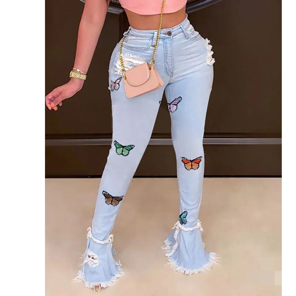 High Waist Jeans Women Flare Jeans Butterfly Print Skinny Ripped Pants Stacked Leggings Overalls Trousers Wholesale Dropshpping
High Waist Jeans Women Flare Jeans Butterfly Print Skinny Ripped Pants Stacked Leggings Overalls Trousers Wholesale Dropshpping