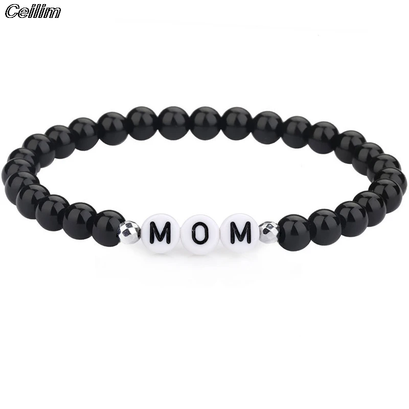 Женские браслеты с бусинами и надписью &quotMAMA" черными для мамы подарочные на
