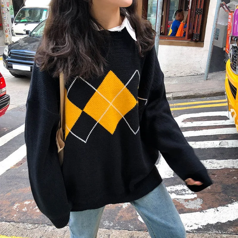 Korean Style 2021 Fall Winter Geometric Print Sweater Tops Pullovers Casual Loose Oversized O-Neck Knitted Sweaters Jumper Mujer
Korean Style 2021 Fall Winter Geometric Print Sweater Tops Pullovers Casual Loose Oversized O-Neck Knitted Sweaters Jumper Mujer