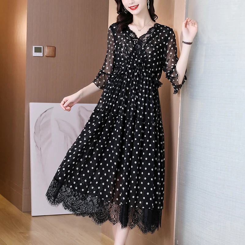 2021 Summer Black Dot Mulberry Silk Maxi Dress Women Casual Vintage Lace Beach Vacation Midi Dress Elegant Slim Party Vestidos
2021 Summer Black Dot Mulberry Silk Maxi Dress Women Casual Vintage Lace Beach Vacation Midi Dress Elegant Slim Party Vestidos