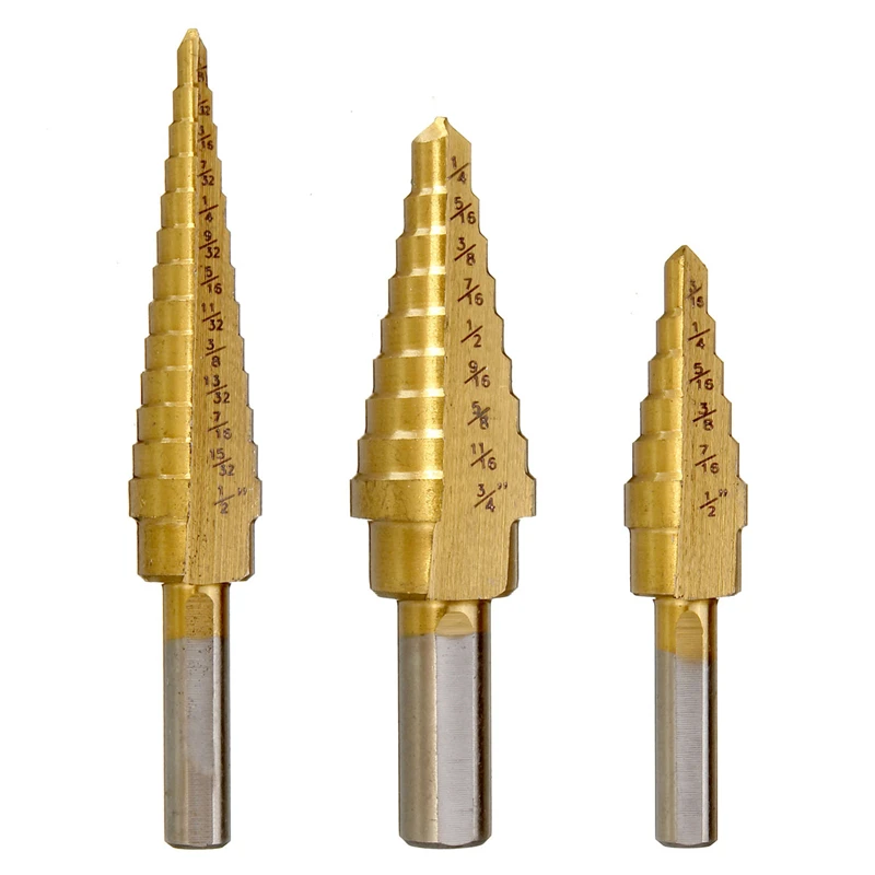 3Pcs High Speed Steel Round Shank Titanium Coated Quick Change Step Dril 3/16-1/2 1/8-1/2 1/4-3/4 Inch Used for Iron Borad
3Pcs High Speed Steel Round Shank Titanium Coated Quick Change Step Dril 3/16-1/2 1/8-1/2 1/4-3/4 Inch Used for Iron Borad