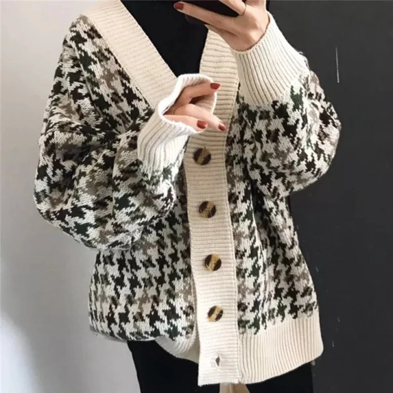 New 2021 Autumn Winter Women's Sweater Korean Fashion Style Loose Houndstooth Long-sleeved Mid-length Cardigan
New 2021 Autumn Winter Women's Sweater Korean Fashion Style Loose Houndstooth Long-sleeved Mid-length Cardigan