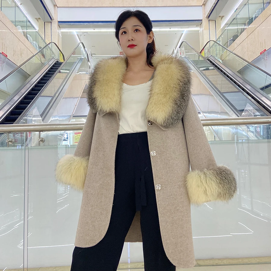 Women Real Fur Jacket Natural Fox Fur Collar And Cuffs Autumn Winter Wool Blends Jackets Knee-Length Outwear
Women Real Fur Jacket Natural Fox Fur Collar And Cuffs Autumn Winter Wool Blends Jackets Knee-Length Outwear