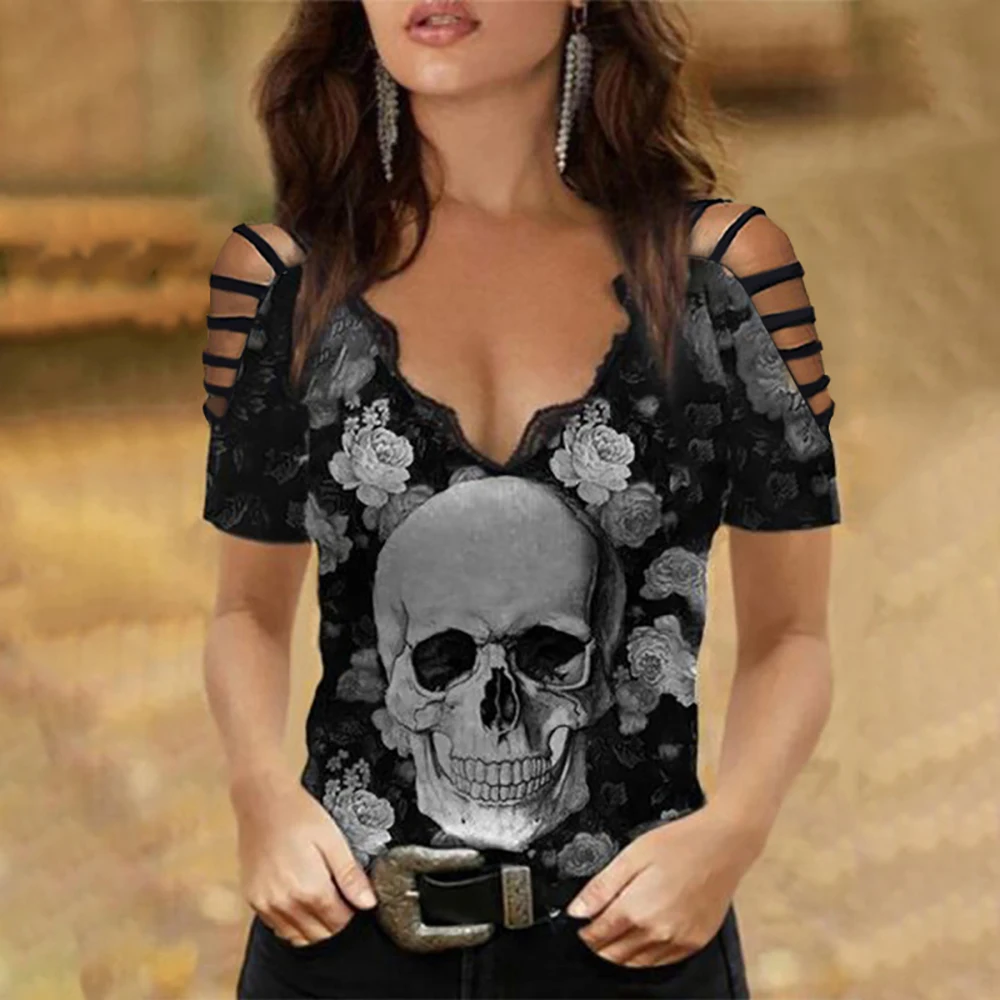 Women Skull print V-Neckline Lace Trim Cold Shoulder Top Stripes Hollow Out Short Sleeve Casual Tops Club Fashion Tunics
Women Skull print V-Neckline Lace Trim Cold Shoulder Top Stripes Hollow Out Short Sleeve Casual Tops Club Fashion Tunics