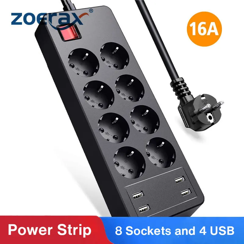 ZoeRax Мощность пропилен-каучука прокладки с 8 розетки и 4 USB электрическая розетка
