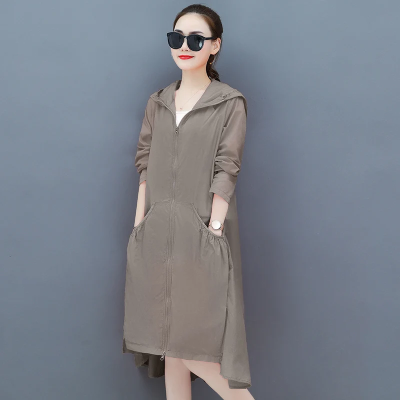 

#5317 Summer Sunscreen Windbreaker Women Beach Trenchcoat With Hooded Asymmetrical See Through Clothes Duster Coat Ladies Loose