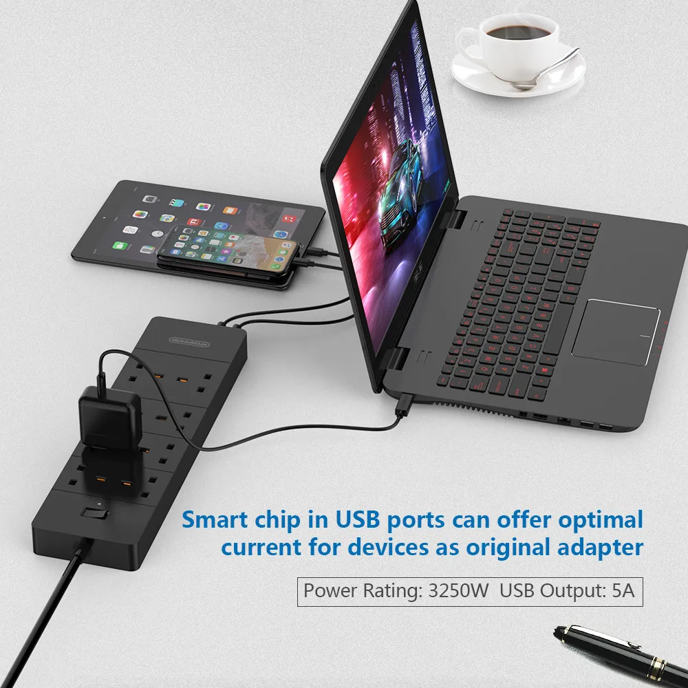 Удлинитель NTON POWER 3м мульти-удлинитель с защитой от перенапряжений и 5 USB-слотами |