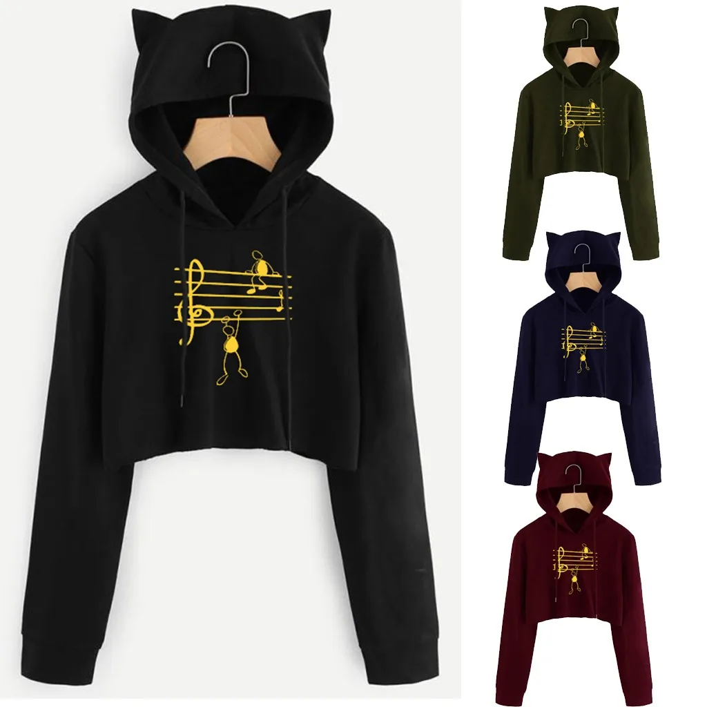 Women's Cat-Ears Long Sleeve Hoodie Sweatshirt Musical Note Print Hooded Pullover Top Shirt Solid Color Short Cute Hoodie#Q
Women's Cat-Ears Long Sleeve Hoodie Sweatshirt Musical Note Print Hooded Pullover Top Shirt Solid Color Short Cute Hoodie#Q