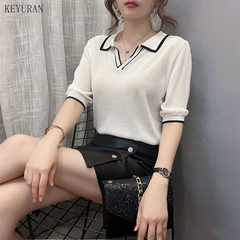 Thin Ice Silk Plus Size Knitted T-shirt Women's Summer Turn-down Collar Short-sleeved Knitting TShirt Korean Style Loose Tops
Thin Ice Silk Plus Size Knitted T-shirt Women's Summer Turn-down Collar Short-sleeved Knitting TShirt Korean Style Loose Tops