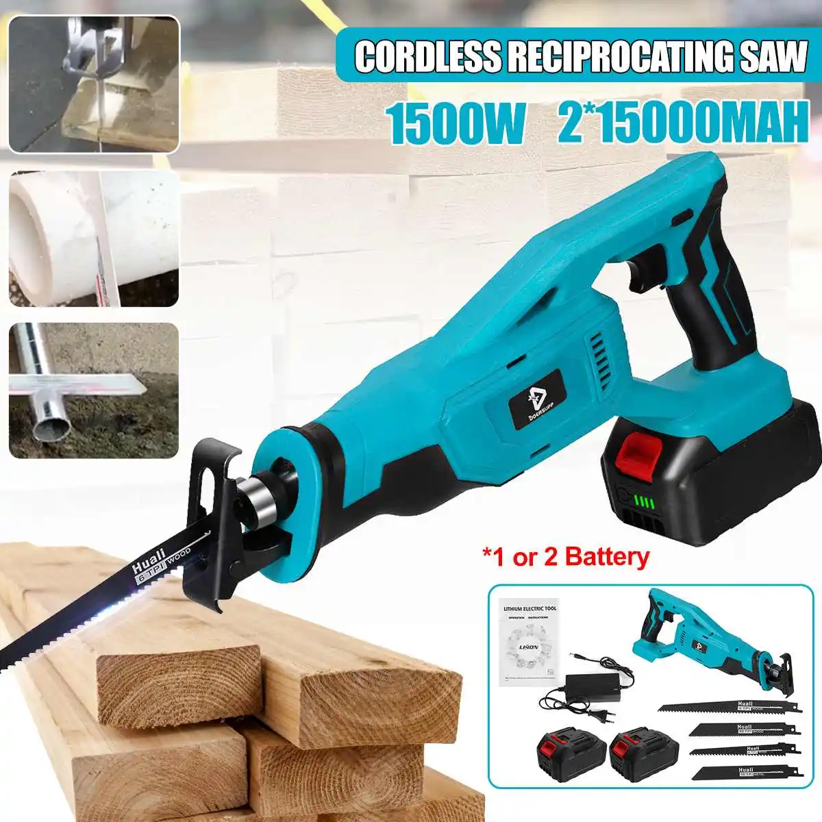1500W Cordless Electric Reciprocating Saw Variable Speed Metal Wood Cutting Tool & 15000MAH Battery Indicator for Makita Battery
1500W Cordless Electric Reciprocating Saw Variable Speed Metal Wood Cutting Tool & 15000MAH Battery Indicator for Makita Battery