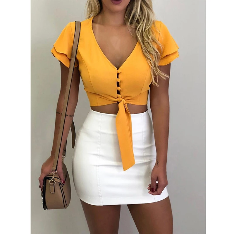 Summer Style Women Ruffle Sleeve V-Neck Slim Fitted Shirts Casual Office Lady Pure Color Blouse Tops Tees
Summer Style Women Ruffle Sleeve V-Neck Slim Fitted Shirts Casual Office Lady Pure Color Blouse Tops Tees