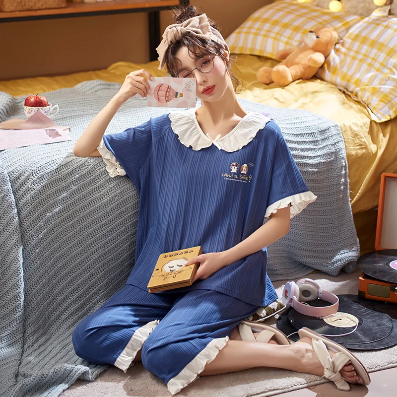 Cotton Short Sleeve Plus Size Pajamas Casual Blue Homewear Sweet Doll Collar Cartoon Sleepwear Spring Summer Women's Pajamas Set
Cotton Short Sleeve Plus Size Pajamas Casual Blue Homewear Sweet Doll Collar Cartoon Sleepwear Spring Summer Women's Pajamas Set