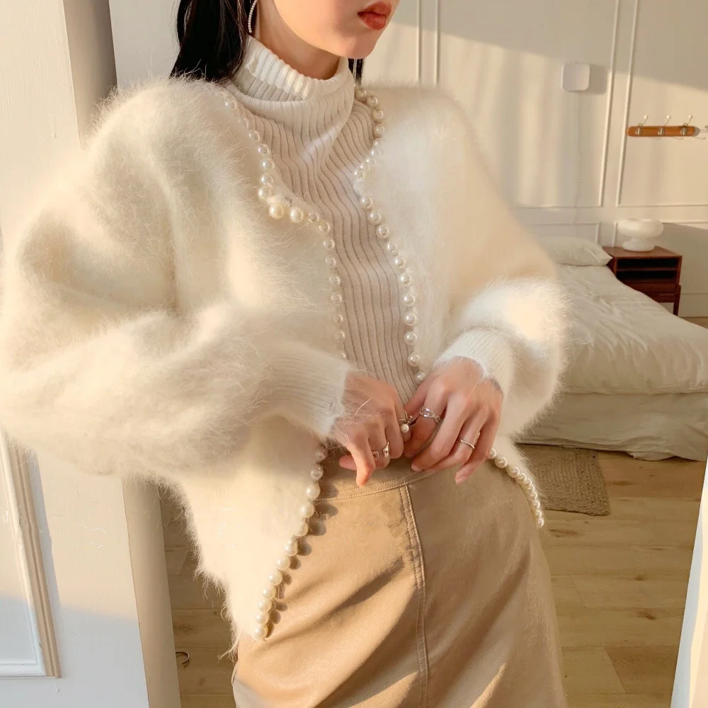 

Sweet Lantern Sleeve Mink Cashmere Knitted Cardigan Sweater For Women Korean Pearls Beading 2021 New Causal Knitwear Open Stitch
