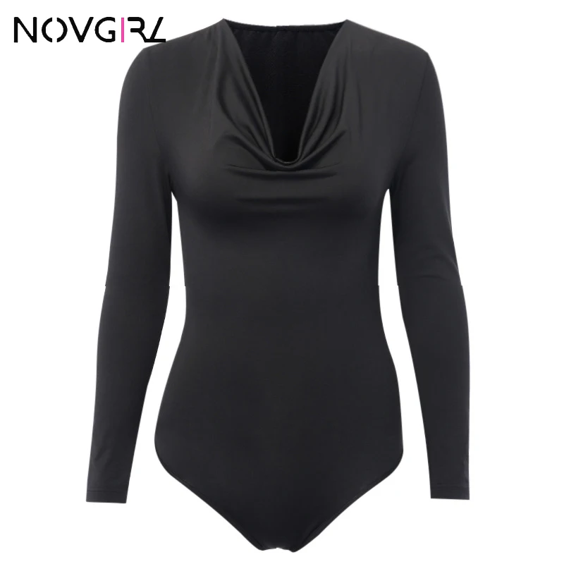 Novgirl Sexy Ruched V Neck Long Sleeve Cotton Bodysuit Women 2019 Autumn Winter Elegant Solid Slim Short Jumpsuit Body Tops | Женская