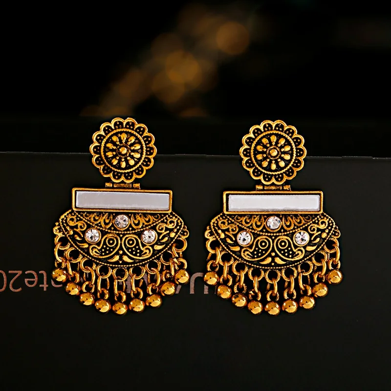 

Antique Indian Jhumka Jhumki Jewelry Gold Metal Ethnic Mexico Gypsy Engraved Lotus Dangle Earrings For Women Girls Pendientes