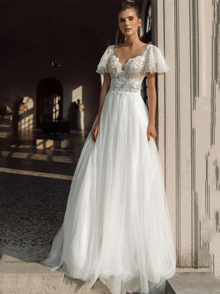 Богемные блестящие трапециевидные Свадебные платья 2021 с коротким рукавом