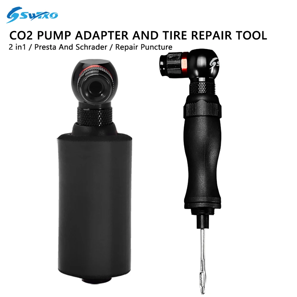 

SWTXO 2 in 1 Tubeless Tire Puncture Service Tool Bike Pump CO2 Inflator Bicycle Tubeless Tire Repair Tool Presta Schrader Valve