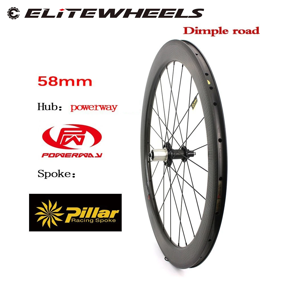 

ELITEWHEELS 58mm Depth Dimple Carbon Fiber wheelset 700c Road Bike Wheel Clincher Tubular Aero Golf Surface Rim Powerway Hub