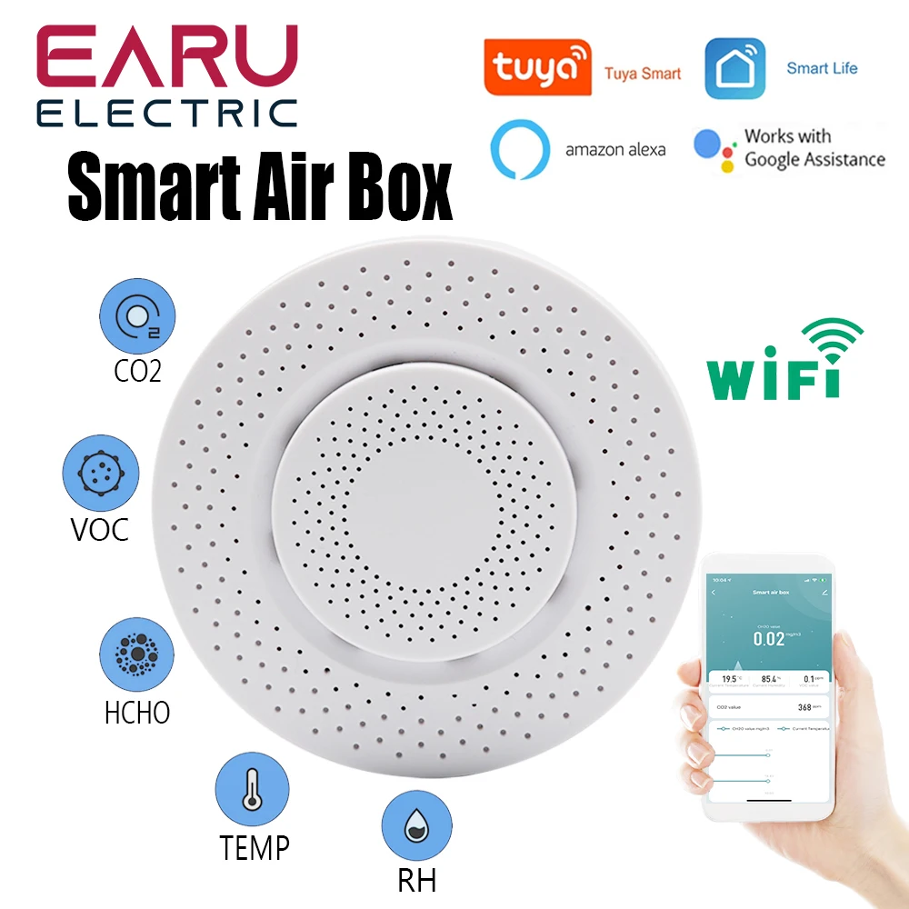 Смарт-Датчик качества воздуха Tuya, Wi-Fi датчик формальдегида, VOC, CO2, датчик температуры и влажности воздуха, с монитором, через Alexa Smart Life
Смарт-Датчик качества воздуха Tuya, Wi-Fi датчик формальдегида, VOC, CO2, датчик температуры и влажности воздуха, с монитором, через Alexa Smart Life