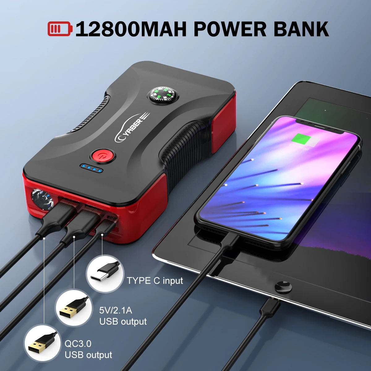 YABER YA10 Car Jump Starter 800A 12800mAh Portable Battery Jump Starter Compact Emergency Battery Booster with Safety Hammer
YABER YA10 Car Jump Starter 800A 12800mAh Portable Battery Jump Starter Compact Emergency Battery Booster with Safety Hammer