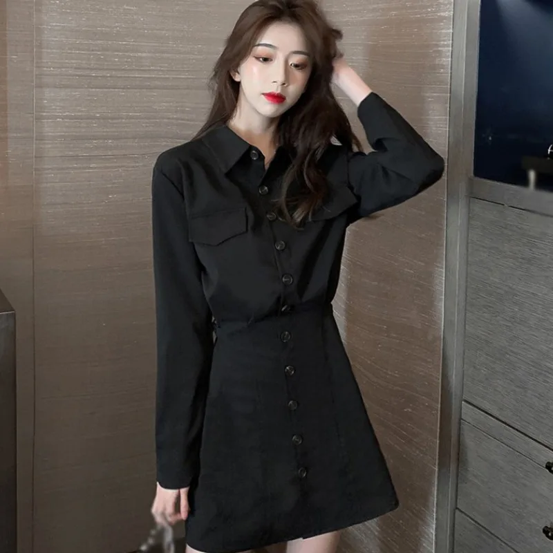 Fashion Long Sleeve Turn-down Collar High Waist Thin Shirt Dress 2021 Summer New Vestidos Black 
Fashion Long Sleeve Turn-down Collar High Waist Thin Shirt Dress 2021 Summer New Vestidos Black