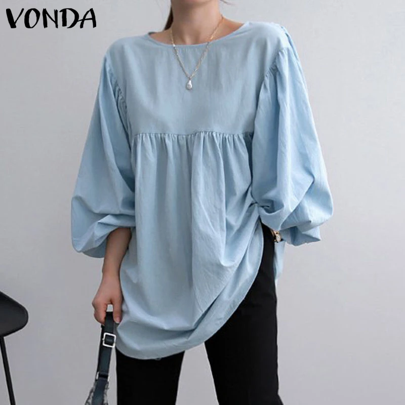 

Women Casual Tunic Asymmetric Hem Solid Blouse 2021 VONDA Cotton Tops Vintage Long Sleeve Crew Neck Tops