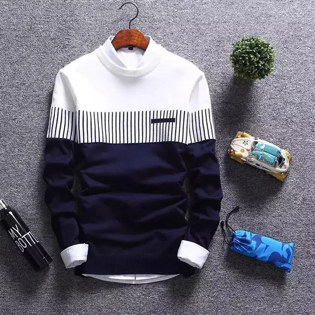 men's fitted winter sweater, striped fabric sweeteners, brand clothing, casual, 2021