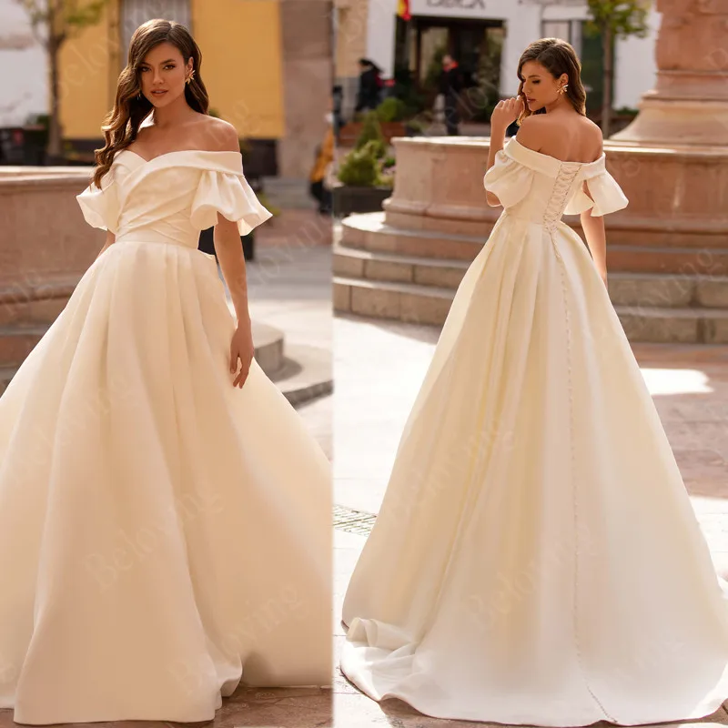 Luxury Satin A-Line Wedding Dresses Off the Shoulder 2021 Short Sleeve Bridal Dresses Floor Length Bride Gowns Vestido De Noiva
Luxury Satin A-Line Wedding Dresses Off the Shoulder 2021 Short Sleeve Bridal Dresses Floor Length Bride Gowns Vestido De Noiva