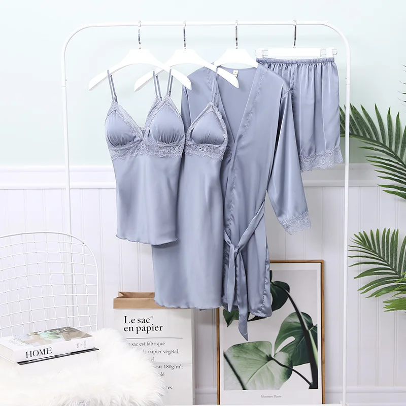 Satin Lace Pajamas Set Sexy 4Pcs Women Pijamas Sleepwear Casual Female Silk Sleep Suit Nightwear With Chest Pads Homewear
Satin Lace Pajamas Set Sexy 4Pcs Women Pijamas Sleepwear Casual Female Silk Sleep Suit Nightwear With Chest Pads Homewear