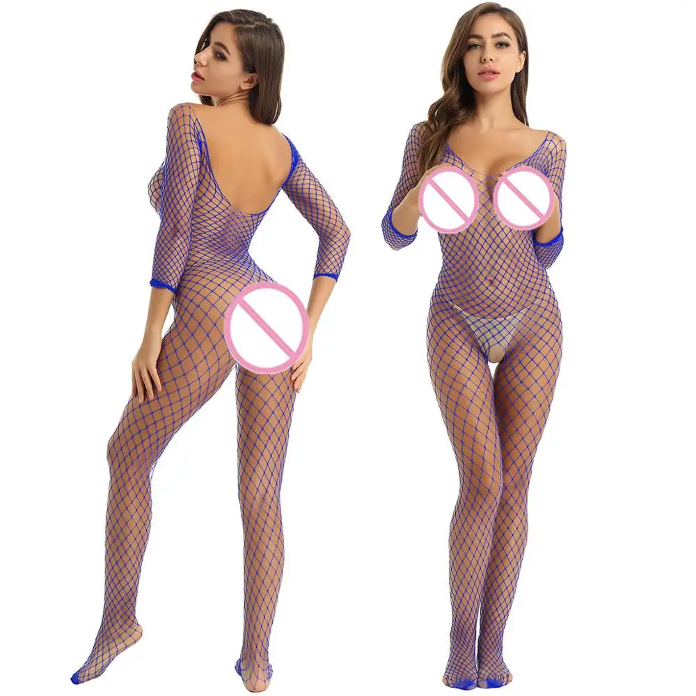 

Women Hollow Out Fishnet Bodysuit Sexy Hot Lingerie Long Sleeves Open Crotch Closed Toes Stretchy Full Body Stocking Pantyhose