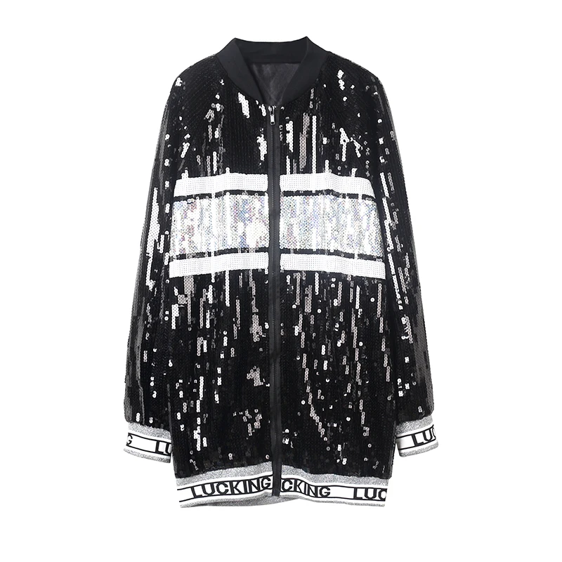 Thailand tide brand jacket female 2019 new Korean version ins personality heavy work letters color matching sequins women | Женская