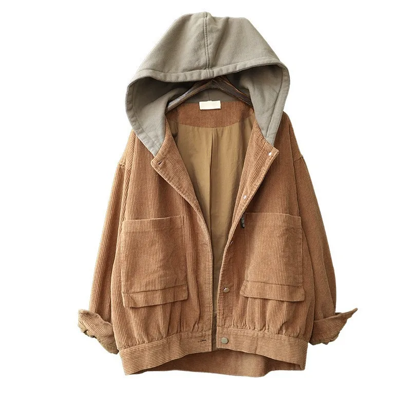Vintage Hooded Corduroy Short Jacket 2021 Women Single-Breasted Loose Pockets Autumn Outerwear Female Casual Tooling Cargo Coat 
Vintage Hooded Corduroy Short Jacket 2021 Women Single-Breasted Loose Pockets Autumn Outerwear Female Casual Tooling Cargo Coat
