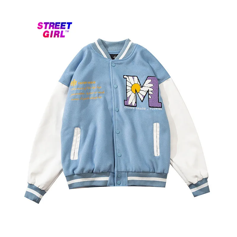 Hip Hop Patchwork Baseball Jacket Women's Letter Daisy Flower Leather Bomber Jacket Men's Spring Oversized Street Style Jacket
Hip Hop Patchwork Baseball Jacket Women's Letter Daisy Flower Leather Bomber Jacket Men's Spring Oversized Street Style Jacket