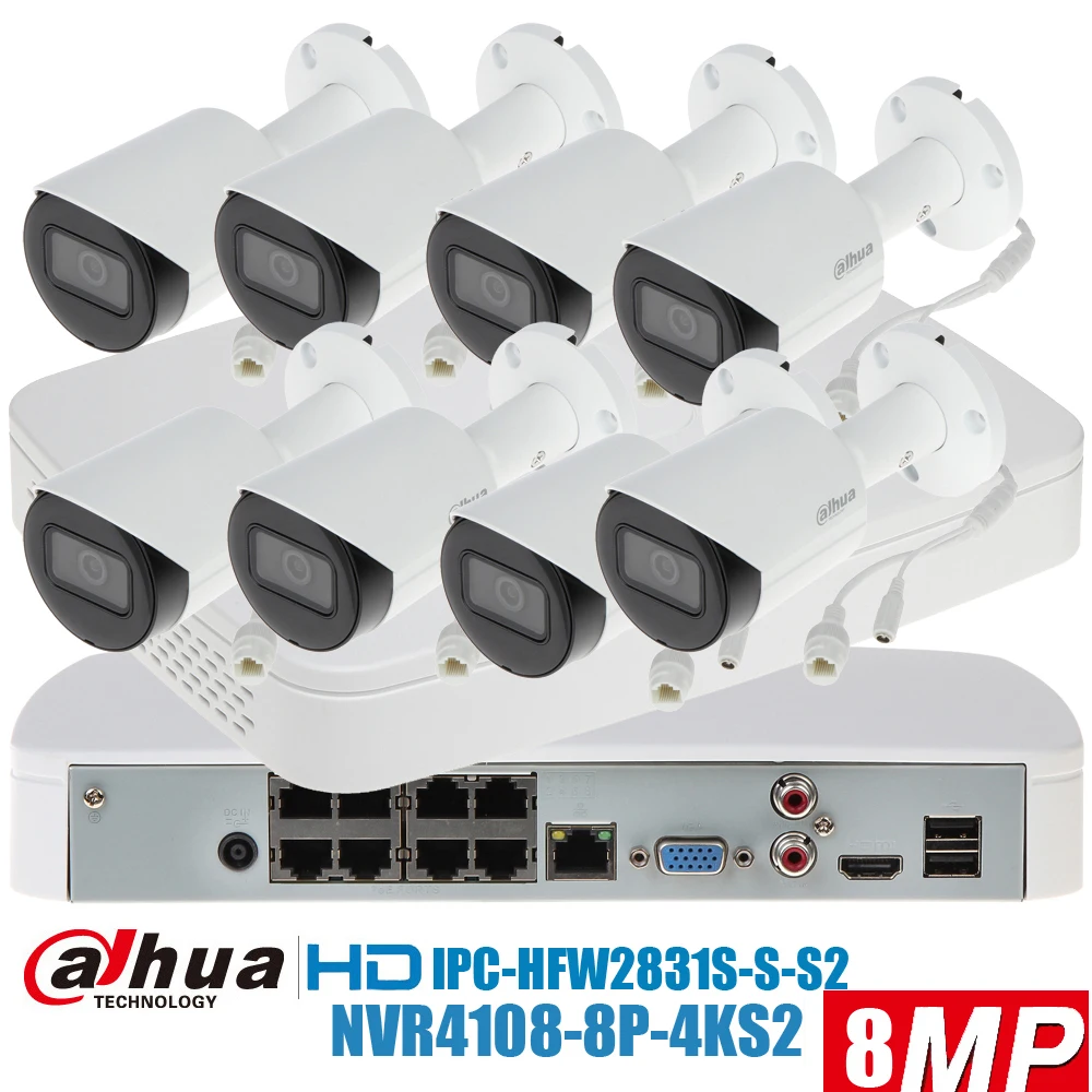 

original dahua mutil language 8MP h.265 4K bullet POE IP camera kit IPC-HFW2831S-S-S2 with AI face 8ch POE NVR4108-8P-4KS2/L