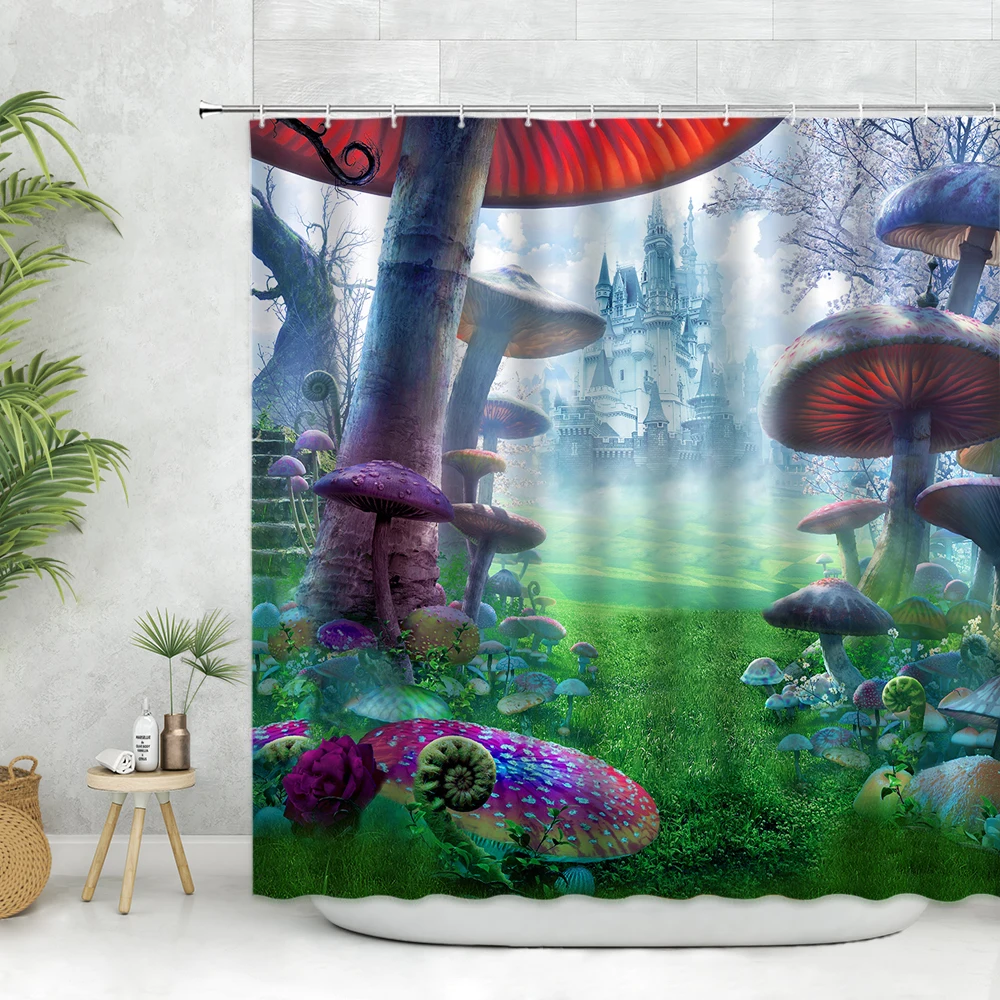 

Cartoon Fantasy Mystery Castle Mushroom Fairy Tale Forest Shower Curtain Flower Children Bathroom Decor Curtains Cloth Screen