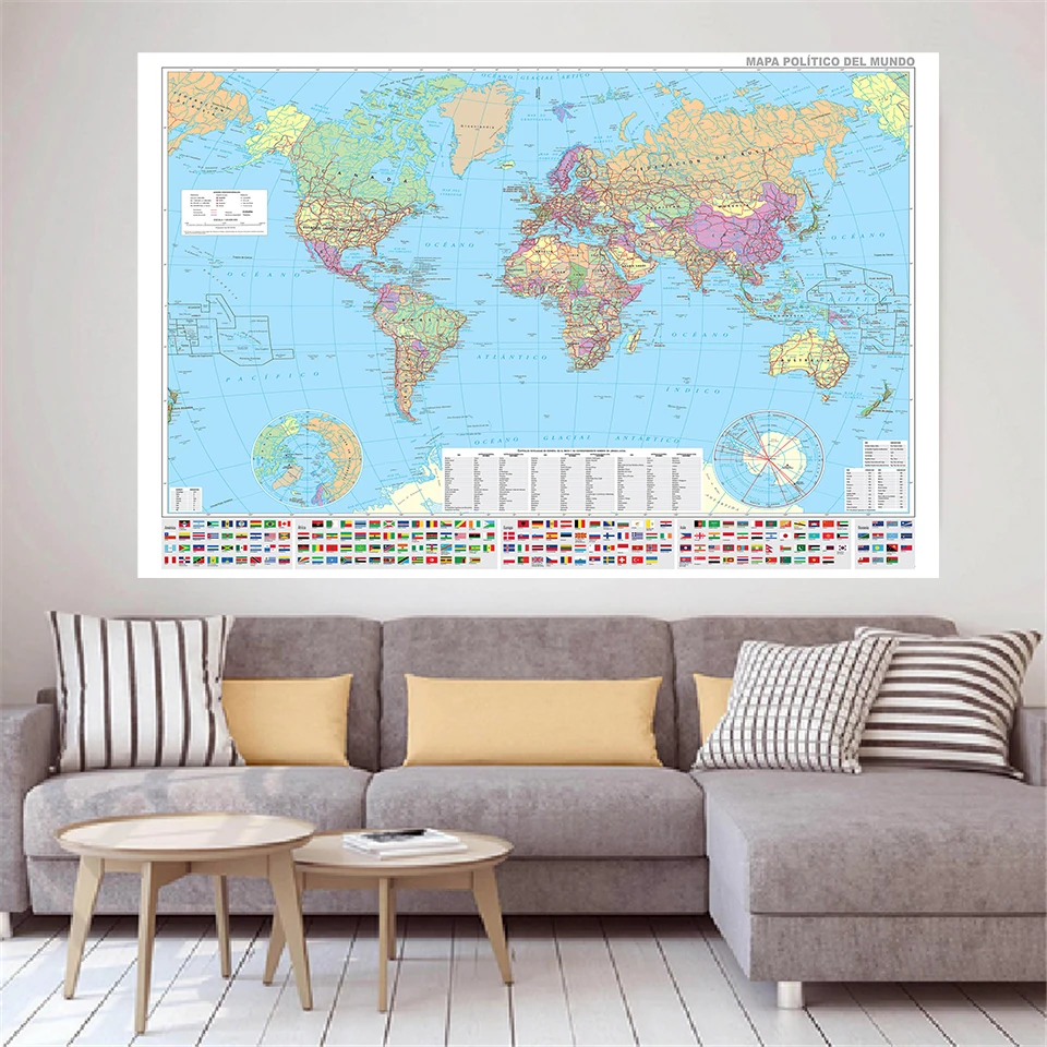 

225*150cm In Spanish The World Political Map with National Flags Non-woven Canvas Painting Poster Home Decor School Supplies