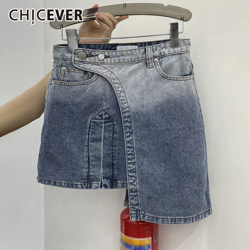 CHICEVER Hit Color Asymmetrical Denim Skirt For Women High Waist Patchwork A Line Mini Skirts Female Summer Fashion 2021 Stylish 
CHICEVER Hit Color Asymmetrical Denim Skirt For Women High Waist Patchwork A Line Mini Skirts Female Summer Fashion 2021 Stylish