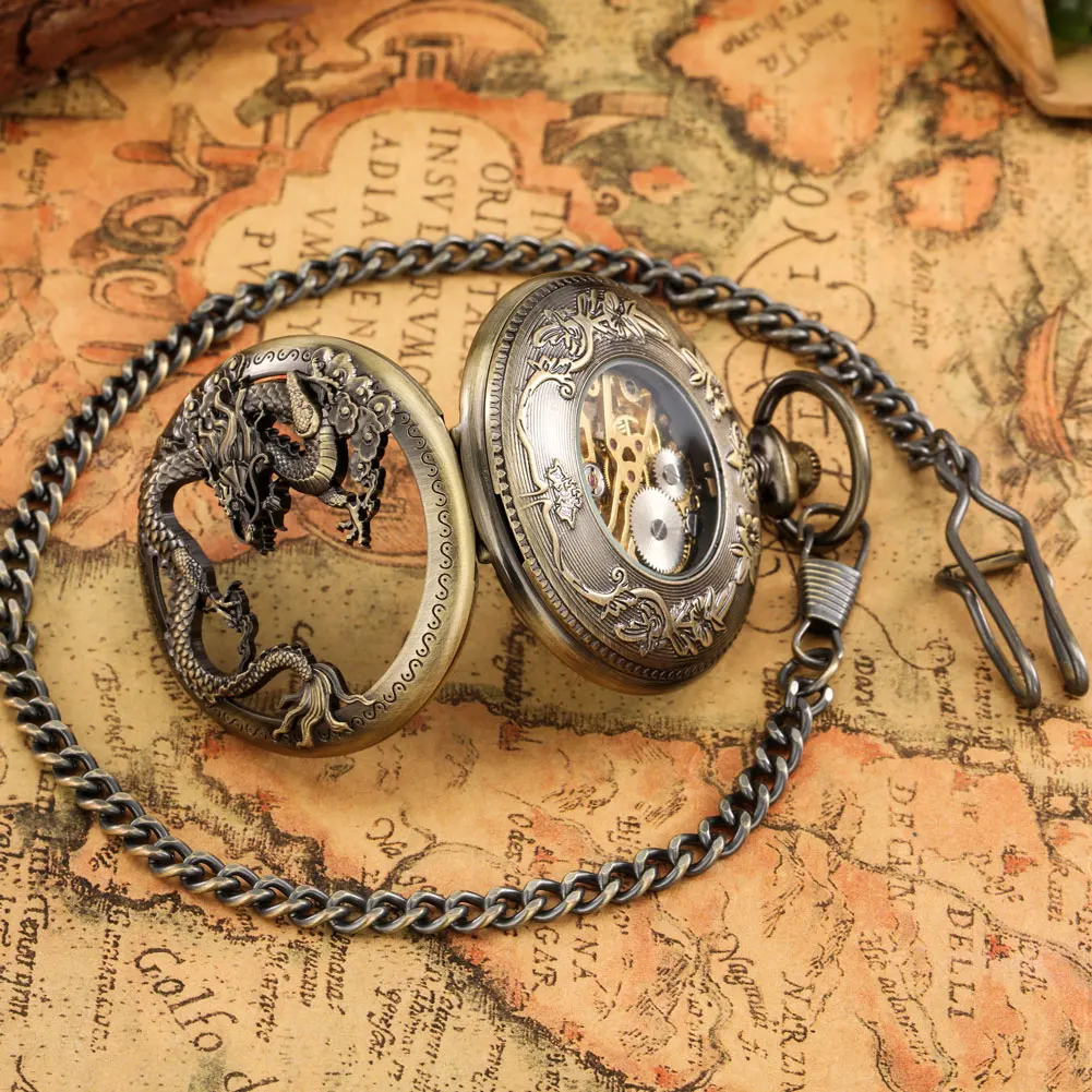 Bronze Dragon Mechanical Pocket Watch Antique Hollow Steampunk Hand-Wind Clock Flip Fob Watches with Chain Gift for Men Women
Bronze Dragon Mechanical Pocket Watch Antique Hollow Steampunk Hand-Wind Clock Flip Fob Watches with Chain Gift for Men Women
