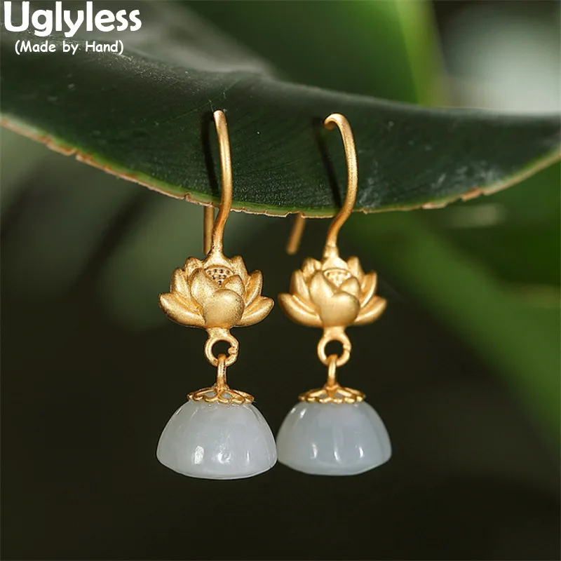 

Uglyless Blooming Lotus Flowers Earrings for Women Emerald Lotus Dangle Earrings Gold 925 Silver Brincos Bijoux Ethnic Jewelry